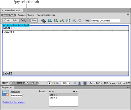 To edit a Spry widget’s properties, select it. In Design view, click the blue Spry tab on top of the widget. The blue tab is an internal Dreamweaver control, and doesn’t appear in a guest’s browser.