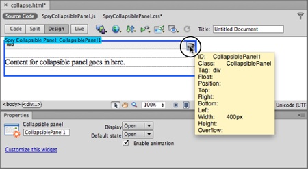 You open and close a collapsible panel by clicking the open-eye icon to open a closed panel or the shut-eye icon (circled) to hide an open panel. Like the Display menu options in the Property Inspector, the icons control whether the panel is open or closed only in Dreamweaver’s Design view. The large yellow box to the right of the eye is information Dreamweaver supplies about the selected <div> tag: It lists the width of the element, as well as any other positioning information defined in the CSS.