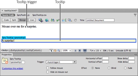 Spry tooltips can be confusing. Unlike a lot of other Spry elements, nothing on a page identifies a tooltip trigger. The telltale blue Spry tab you see with all other Spry widgets appears only above the tooltip box itself. In this figure, for example, the word “aardvark” in the top paragraph is the trigger—mousing over it pops open the tooltip below. But unless you remember that you tooltip-ified that word, you’d never know you did by simply scanning the page. In addition, in the Property Inspector, you have to click the blue tab above the tooltip div to make any changes to the tooltip’s settings—you can’t get to the settings from the tooltip trigger text.