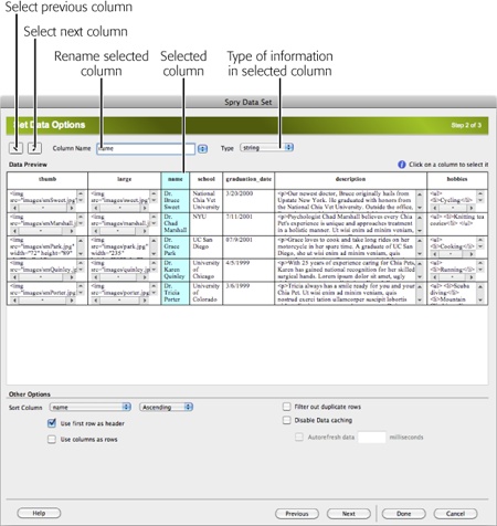 Use the Set Data Options window to assign data types to each column. You only need to do this if you plan on making your table sortable (page 671), or if you use the Sort Column option at the bottom of the window. In addition, you only need to assign a data type to the columns you want your visitors to be able to sort. (As you’ll see on page 673, you don’t have to make every column sortable.)