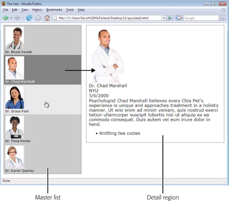 Here’s the plain, out-of-the-box design Dreamweaver applies to a Spry master/detail layout. You can edit the supplied CSS (thankfully) to match the look of your site.