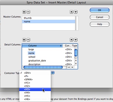 When you identify the data you want displayed in the detail region of a master/detail layout, you can specify the type of HTML tag Spry applies to the data. The normal setting is a <div> tag, which means that each data item appears in its own div. Once you insert the master/detail layout, you can move the Spry data elements around, change the tags they’re in, and format them with additional CSS styles.