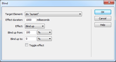 The “from” and “to” fields can hide or reveal just a portion of a div. If you set “Blind down from” to 0% and “Blind down to” to 50%, the effect reveals the contents of the div starting at the top and then it stops at the halfway mark—in other words, the bottom half of the div will still be invisible.