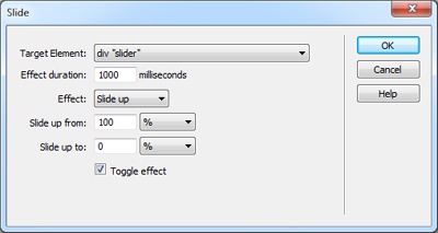 The Slide effect works just like the Blind effect described on page 687; the only difference is that the element itself moves and disappears (as opposed to a “blind” being drawn over the element).