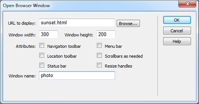 Here, you can define the properties of the new window, including what web page loads into it, its dimensions, and so on. If you leave the “Window width” and “Window height” properties blank, you’ll get different results in different browsers. In Firefox, Chrome, and Opera, you won’t get a new window—the page opens up a new tab. In Internet Explorer and Safari, you get a new window, but it’s the same size as the window that spawned it.