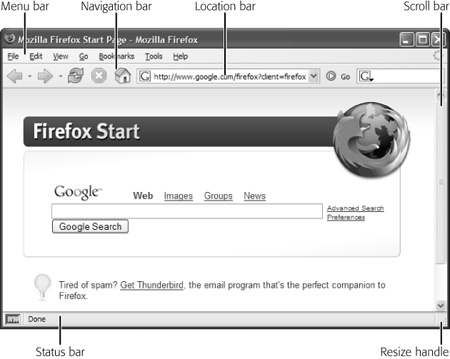 The parts of a browser window. Note that the menu bar appears only on Windows machines. On Macs, the menu bar appears at the top of the monitor (not at the top of the browser window), and you can’t hide it. In addition, you can’t hide the resize handle or the scroll bars (if they’re needed) in the Safari browser.