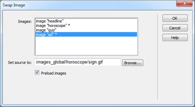 Some actions, like Swap Image, can automatically add behaviors to a web page. In this case, the “Preload images” and “Restore images onMouseOut” options actually add a Swap Image Restore action to the onMouseOut event of the currently selected tag and a Preload Images action to the onLoad event of the <body> tag.