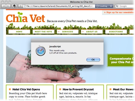 Here, a pop-up message indicates a sale going on at Chia-Vet.com. While the Popup Message behavior is easy to use, you can’t customize the look of the dialog box. The browser controls that, and it looks different from browser to browser. For a better-looking pop-up, you could create an absolutely positioned div (see page 465) containing a nicely styled message, and then add one of the Spry effects (like Fade, Blind, or Shrink) to a Close button inside the div, so that when a visitor clicks the button, the div disappears.