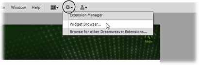 You open the Widget Browser from Dreamweaver’s Application bar. However, since the Browser’s a standalone program, you’ll also find it in either C:\Program Files\Adobe\Adobe Widget Browser folder (Windows) or the Applications→Adobe folder (Macs). Just double-click the Widget Browser icon to launch it.