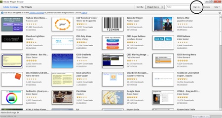 The Widget Browser displays all the widgets available from the Adobe Exchange—Adobe’s one-stop shop for addons and extensions to Dreamweaver, Photoshop, Fireworks, Flash, and other Adobe products (extensions are discussed in Chapter 20).