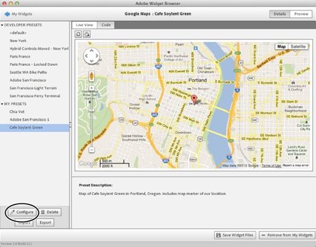 Once you add a widget to your “My Widgets” list, you can preview it in the Widget Browser. Clicking one of the presets changes the preview. For example, in this image you can see a custom preset created by the web designer at Cafe Soylent Green. It’s a Google Map that includes a small marker in the center, indicating the location of the cafe. You can delete one of these custom presets, but not any of the preinstalled developer presets. However, you can export or import either type of preset. To export a preset (to share with another designer or to add your customized preset to Dreamweaver on a different machine), first select the preset and then click the Export button. This creates an XML file, which you can then import by clicking the Import button (you have to have the original widget installed in the Widget Browser to import a preset for that widget, though).