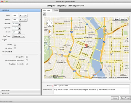 Every widget is different—they do different things and have different settings, so the list of categories and options in the left-hand column of the Configure window will vary from widget to widget. In the case of this Google Maps widget, there are three categories of options. The first lets you set the size of the map, the latitude and longitude of the center of the map, and how much the map should initially be zoomed in, as well as a few other options.