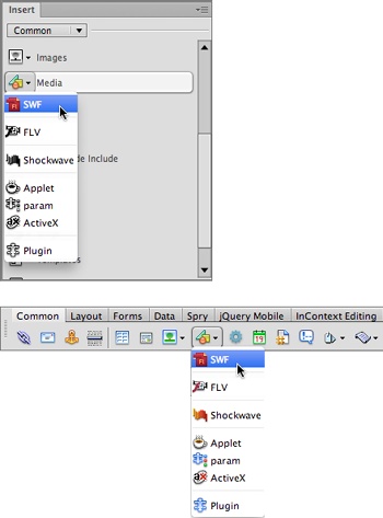 The Media menu in the Insert panel’s Common category (top) is where old web technologies go to die. Only Flash and Flash Video are commonly used on websites these days. If you use the Classic Workspace (see page 38), you can find the Media menu at the top of the screen (bottom).