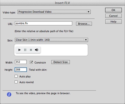 The Insert FLV window is probably the easiest way to add video to your website. To play the video, all your visitors need is the Flash player, which in many cases comes preinstalled with their browser.