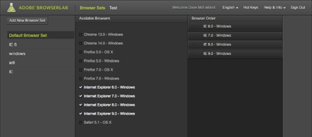 Adobe’s BrowserLab service creates screenshots of your web pages in a variety of browsers, browser versions, and operating systems. Click the Browser Sets button at the top of the screen to define which browsers you want to preview in, and create different browser sets. Once you tell BrowserLab which browser set to use, click the Test button at the top of the screen to return to the page that displays your test results.