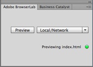 The Adobe BrowserLab panel opens when you preview a page using the service. You can also access the panel by choosing Window→Extensions→Adobe BrowserLab. Clicking the Preview button is the same as choosing File→Preview In Browser→BrowserLab. The file location menu (the one labeled Local/Network here) is described in the Note below.