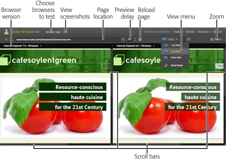 Use the View menu to select different views of your tested pages. Pictured here is the 2-up View, meaning you see two screenshots from two different browsers side-by-side. Use the Browser Version menu to display the screenshot from another one of the browsers in a browser set. In the page location field, you can type in an absolute URL pointing to a page that already exists on the Web, and have BrowserLab test that page.