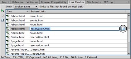 The Check Links Sitewide command generates a list of all external links and orphan files (files with no links to them). If you wish, click the Save (floppy disk) button to save all this information into a tab-delimited text file. You can also fix a broken link directly inside this panel using the “Browse for File” button (circled).