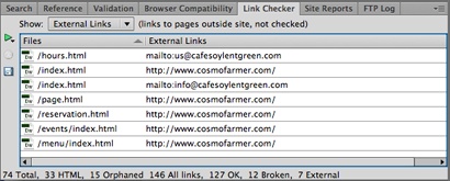 Although Dreamweaver can’t check external links, you can use this window to change the URL of one.