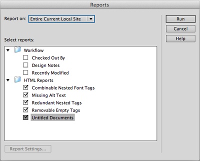 Dreamweaver’s Site Reports feature makes quick work of finding common page errors. You won’t use all these options, but at the very least, make sure you check for missing Alt text (page 254) and any untitled documents before you put a new website up on the Internet.