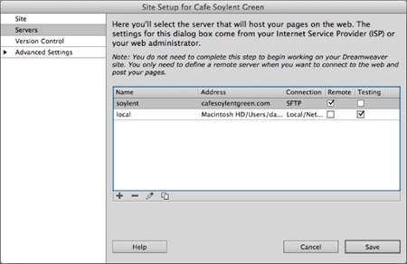 In addition to setting up a local site, Dreamweaver lets you set up both “remote” servers (meaning the web server on the Internet where people go to see your site) and “testing” servers (meaning a server—frequently running on your own computer—usually used to test dynamic sites, like the PHP-driven pages described in Chapter 21).