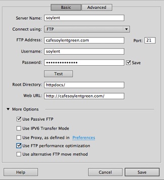 To connect to a server, you need to know its address, the FTP user name and password, and the name of the folder where the server stores your files. You get all this information when you sign up with a web hosting company. You usually don’t need to change the “More Options” settings when you transfer files using FTP, though they can help if you’re having connectivity problems (see the box on page 792). (If you use SFTP, the “More Options” menu doesn’t appear.)