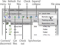 The Files panel offers toolbar buttons for uploading and downloading your web files to and from the web server that actually dishes them out to your site’s adoring public. (See Chapter 15 for much more on this important window.)