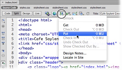 Click the File Status button (circled) and choose Put to quickly move a file to your server. You can also use this menu to retrieve a copy of a file from the server (Get), use Check In and Check Out tools (page 807), or review Design Notes (page 817) for the page. Note that Check In and Check Out are only available when you’ve turned on the Check In/Check Out tool as described on page 798. To highlight this file in the Files panel, choose “Locate in Site.”