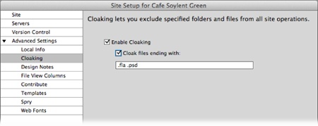 The Cloaking category of the Site Definition window lets you turn cloaking on and off—a feature that lets you hide folders, specific file types, and individual files from sitewide operations, like transferring files to the web server or searching and replacing text. In this window, you can specify which types of files to hide by listing their extensions (.psd for Photoshop files, for example).