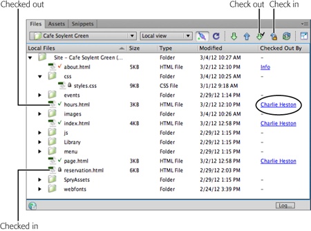 The Check In/Check Out buttons transfer files between your local site and the web server. A padlock identifies files checked into the remote site. The lock means that you can’t edit the file until you check it out (and “unlock” it). If someone has checked out a file, a checkmark appears next to its name. A green checkmark indicates that you’ve checked out the file; a red checkmark means someone else has.