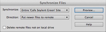 Using the Synchronization command, you can copy newer files from your computer to the web server or get newer files from the remote site.