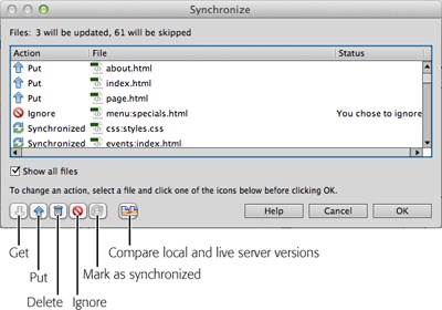 The Synchronize window lets you preview any actions Dreamweaver intends to take to synchronize the files on your local and remote sites. You can change this action on a file-by-file basis. Turn on the “Show all files” checkbox to list all files, including ones Dreamweaver believes are identical on both the remote and local sites: It marks these files as “Synchronized” in the Action column.