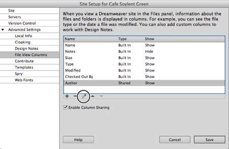 Dreamweaver’s Files panel has a handful of set columns: Name, Notes, Size, Type, Modified, and Checked Out By. You can’t delete these columns, but you can hide them as described below after clicking the Edit button (circled). You can also create custom columns to display information that matches your work requirements (for example, a column listing the author of each web article).