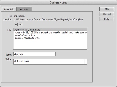 Dreamweaver lets you create your own types of notes in the “All info” tab of the Design Notes window. This lets you add more information to a page, such as its author or designer. Deleting a note you added is a simple matter of clicking on the note in the Info box and then clicking the minus (-) button.