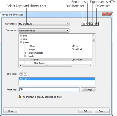 The Keyboard Shortcuts window lets you select or duplicate a shortcut set, as well as add or remove your own keyboard shortcuts, for every menu item in Dreamweaver. You can also create keyboard shortcuts for snippets (see Chapter 17). When you attempt to create a shortcut that another command already uses, Dreamweaver warns you. If you wish, you can ignore the warning and reassign the keys to the new command.