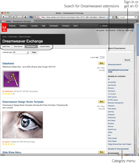 The Dreamweaver Exchange lets you check out its offerings freely, and even buy commercial third-party extensions. But if you want to download a free extension, you have to get an Adobe ID and log into the site. Unfortunately, the marketing machine must be appeased, so you need to provide personal information and face a (fortunately optional) survey of your web development habits.