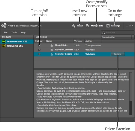 The Extension Manager lists each extension you install, along with its version number and author. If you select an extension from the list, a description appears in the bottom half of the window.