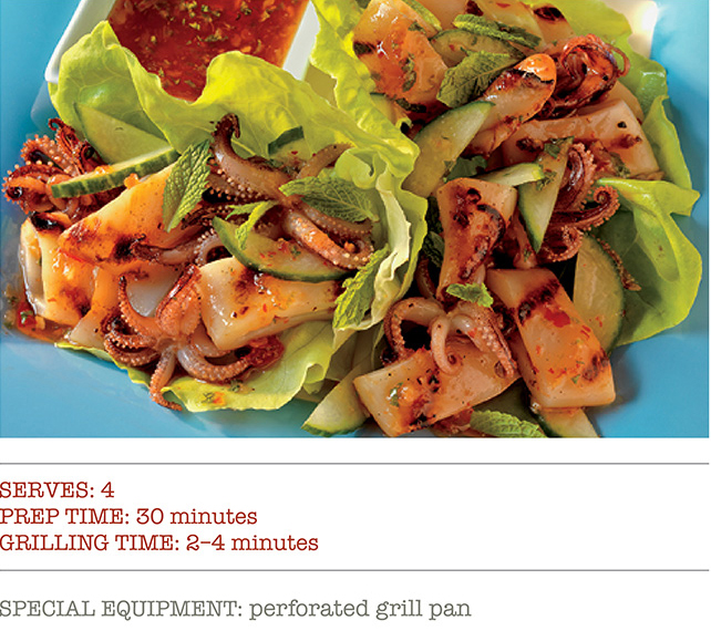 Serves: 4, Prep Time: 30 Minutes, Grilling Time: 2-4 Minutes, Special Equipment: perforated grill pan