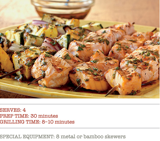 Serves: 4, Prep Time: 30 Minutes, Grilling Time: 8-10 Minutes, Special Equipment: 8 metal or bamboo skewers