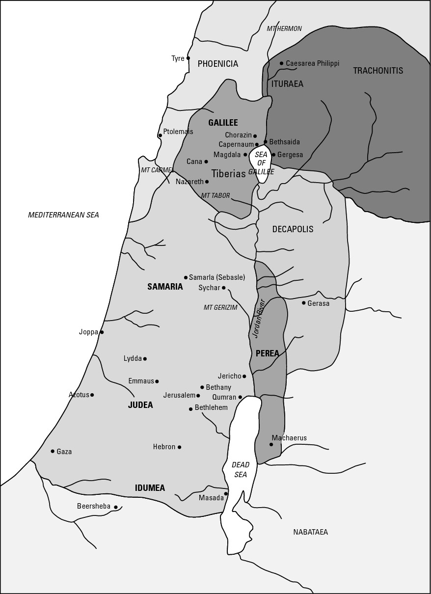 Figure 18-1: Map of Israel during Jesus’ life showing the Roman divisions used for administrative purposes.