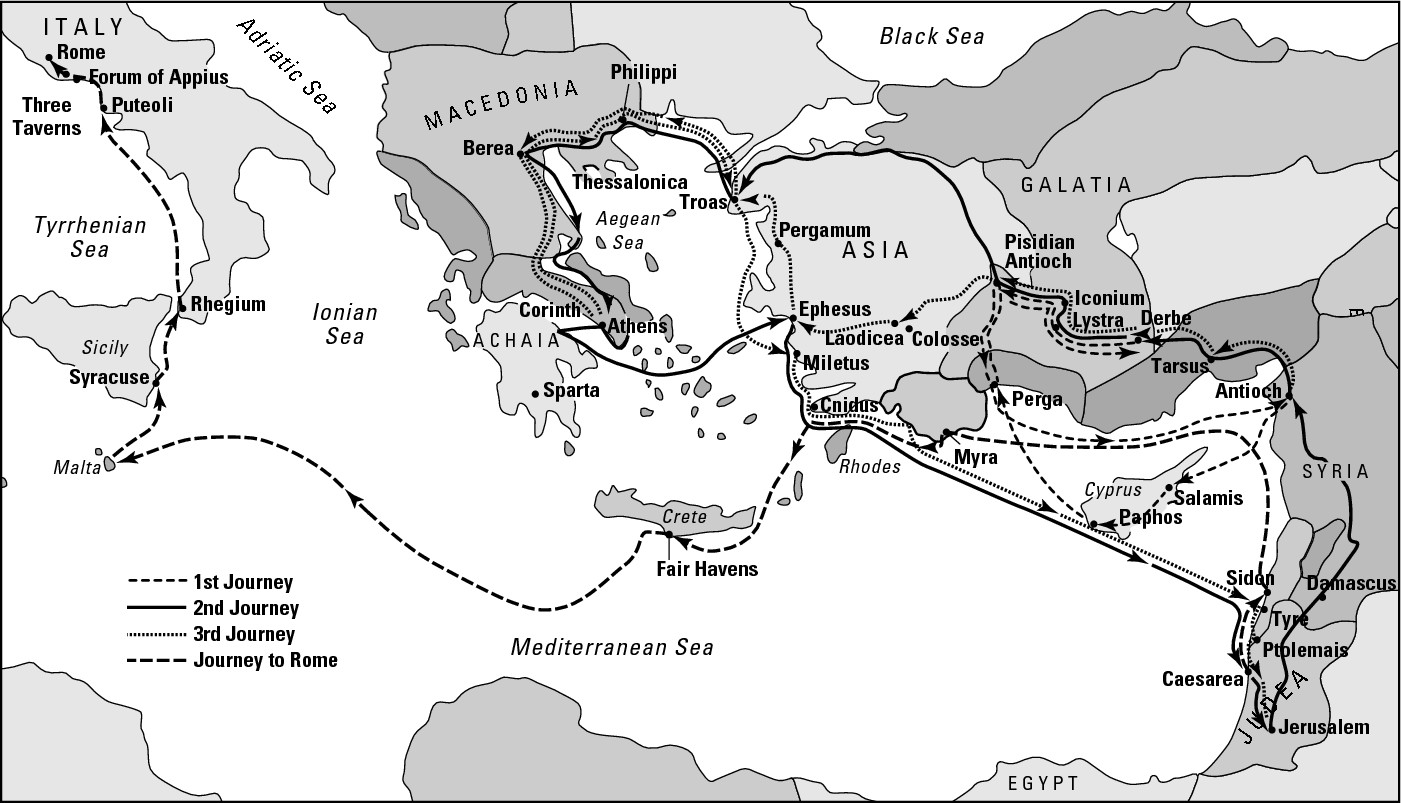 Figure 21-1: A map of Paul’s travels throughout the Mediterranean to spread Christianity.