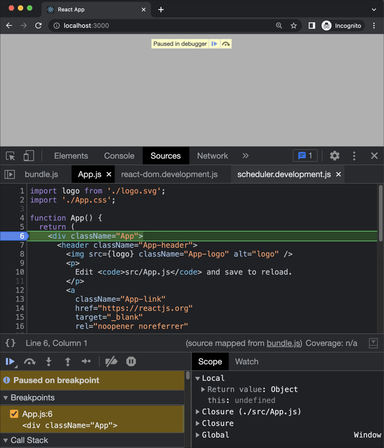 Angehaltener Debugger in einer React-Applikation