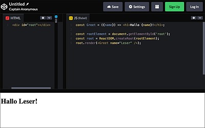 Ansicht der React-Applikation in CodePen