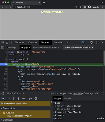 Angehaltener Debugger in einer React-Applikation