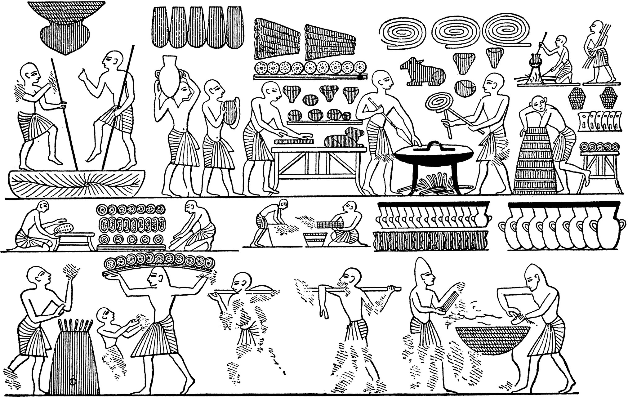 Illustration of the court bakery of Ramses III, displaying persons holding sticks, carrying jar, holding laddle, etc.