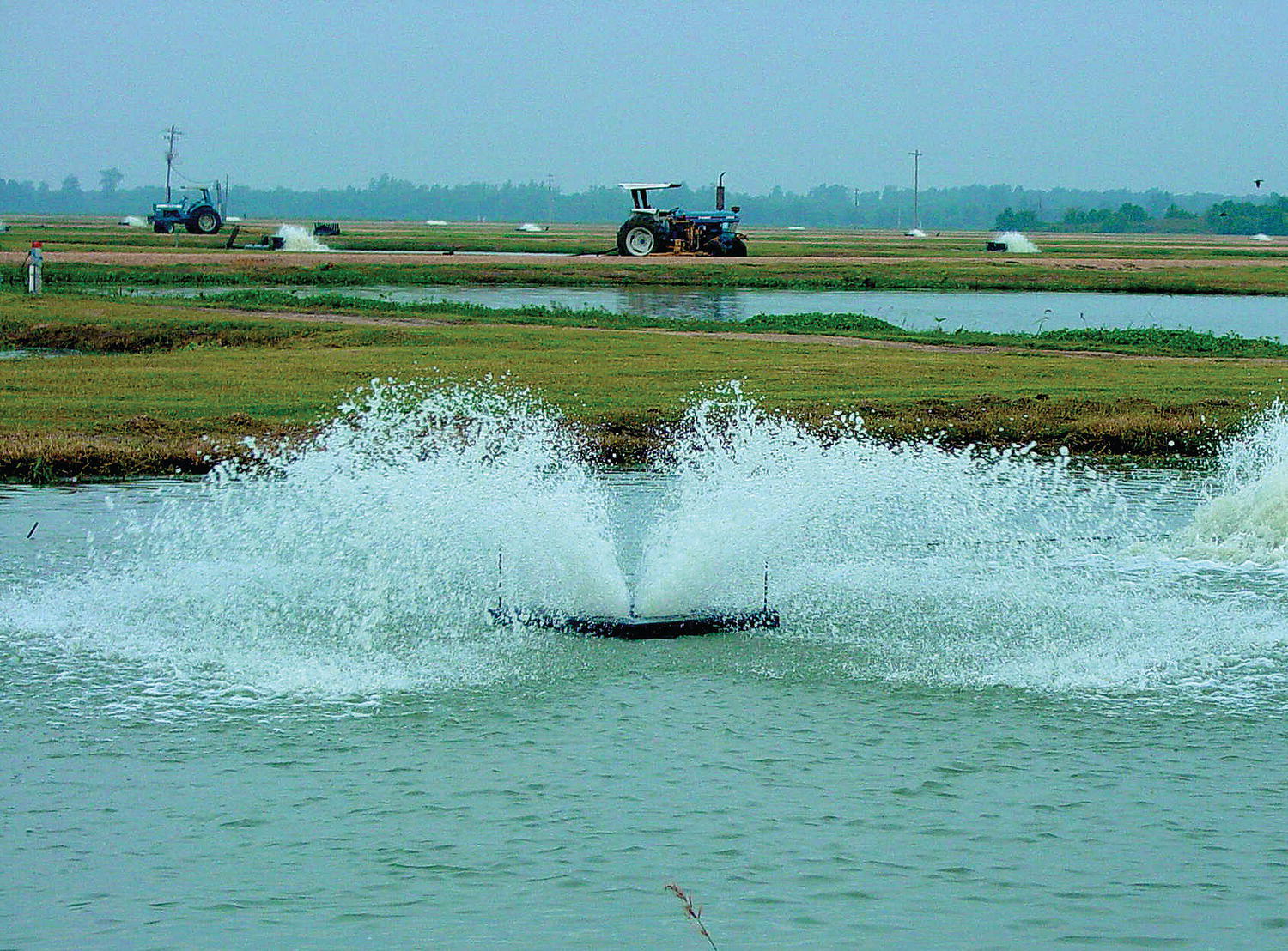 A vertical-pump (sprayer-type) aerator in a pond.