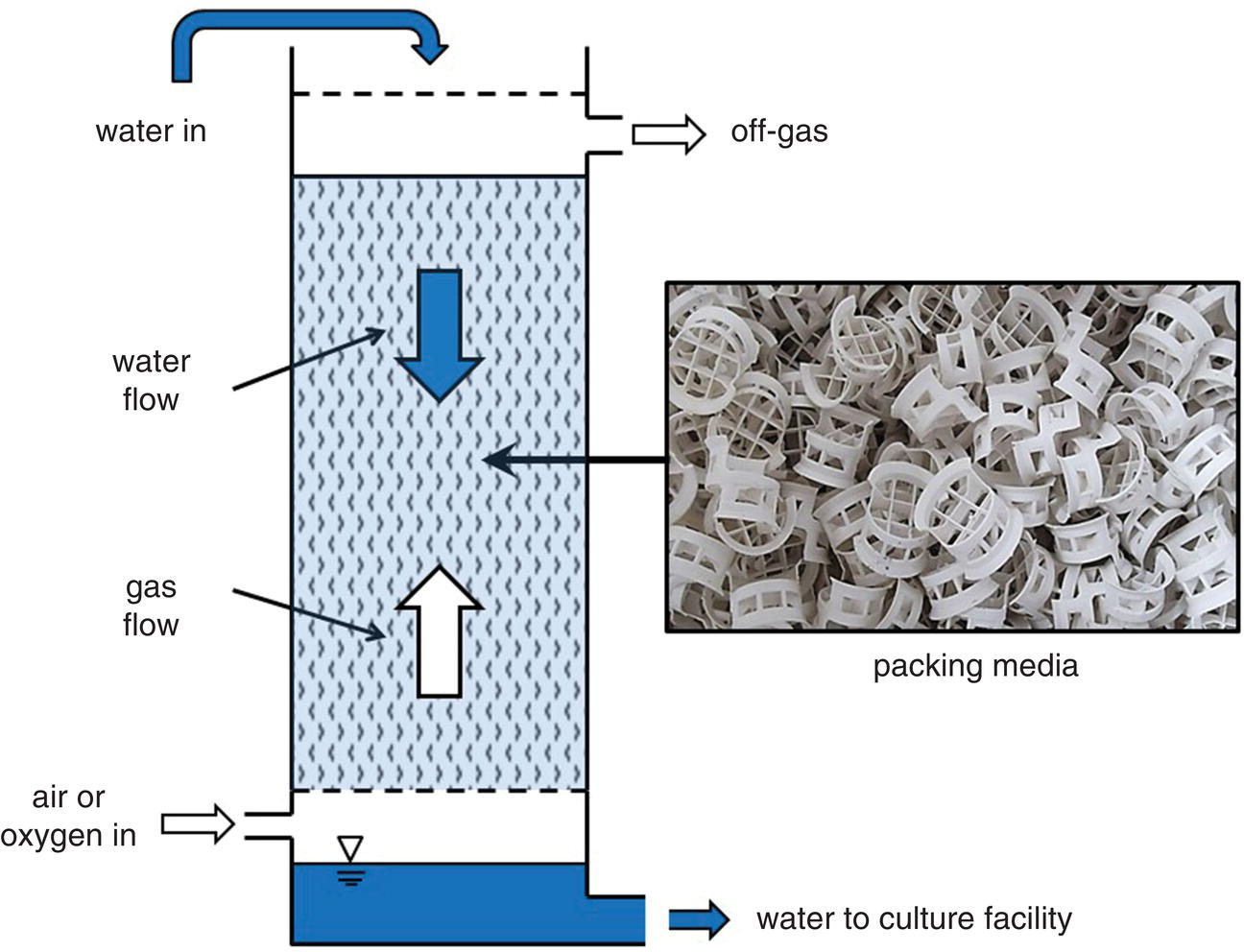 Illustration of packed-column aerator with arrows for air or oxygen in, gas flow, water flow, water in, and off-gas. The space between water flow and gas flow is arrowed, connected to a photo of packing media (right).