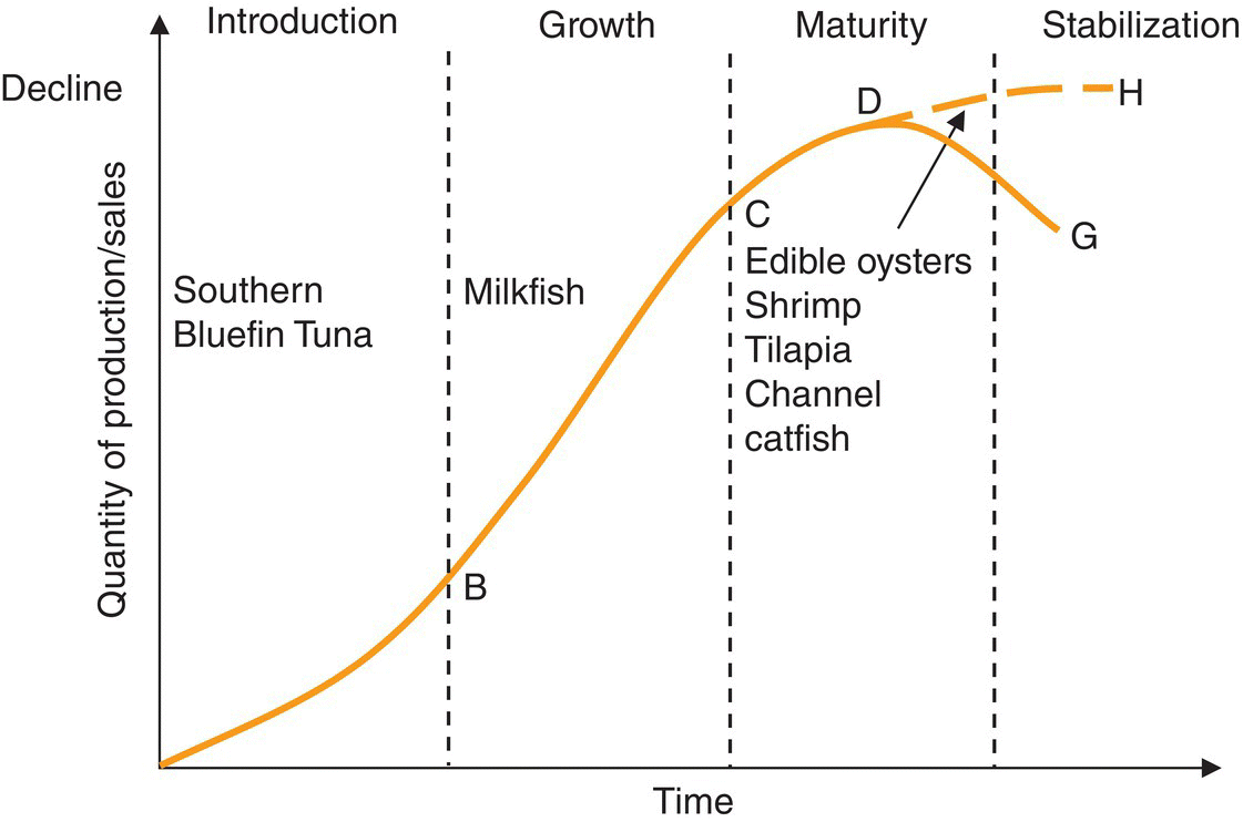 Graph of quantity of production/sales vs. time with 4 columns for introduction, growth, maturity, and stabilization depicting an ascending curve which splits into 2 at the top end.