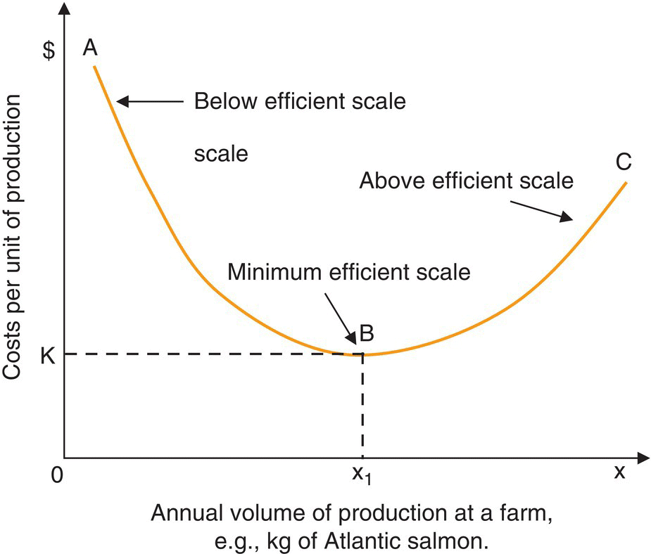 Graph of costs per unit of production vs. annual volume of production at a farm depicting a U-shaped curve (scale) with 3 points, A, B, and C, representing below, minimum, and above efficient scales, respectively.