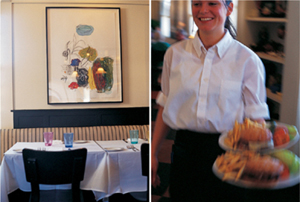 Tables and a server in a restaurant